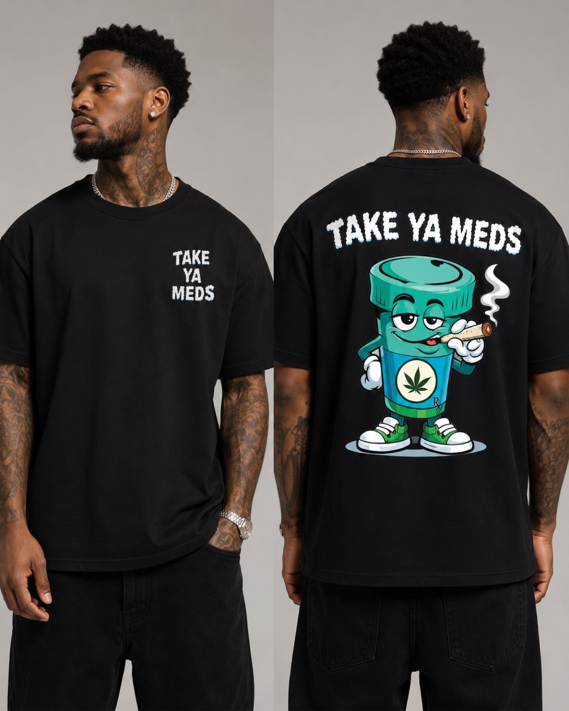 The Staple Tee — Black, small chest hit and the teal mascot large across the back